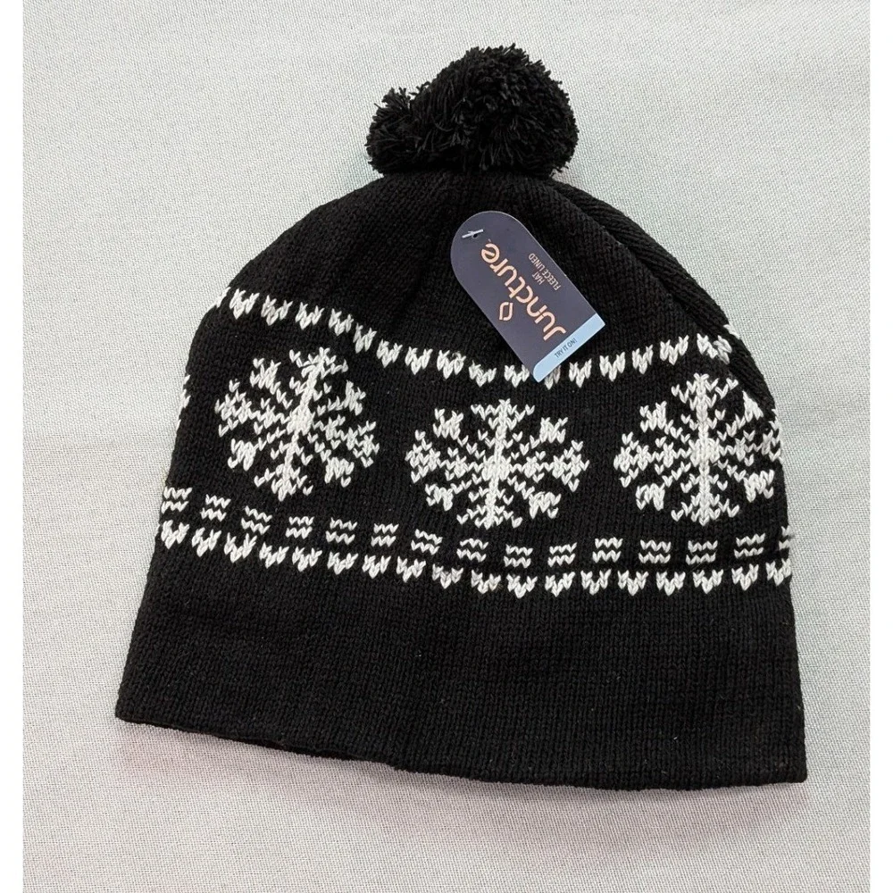 Juncture Beanie Hat Unisex One Size Black New Snowflake Fleece Lined Pom Pom